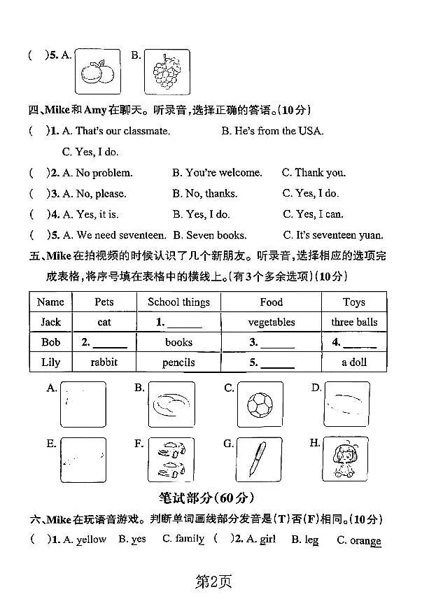 三年级(下)英语期末综合测试卷练习含答案第2页