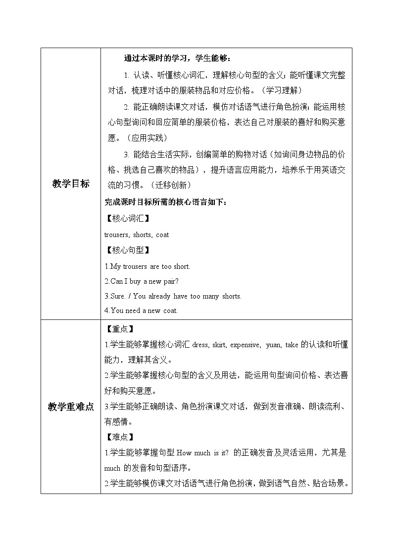 Unit 4 Going shopping Part B Let’s talk (表格式教学设计)人教PEP版四年级英语下册第2页
