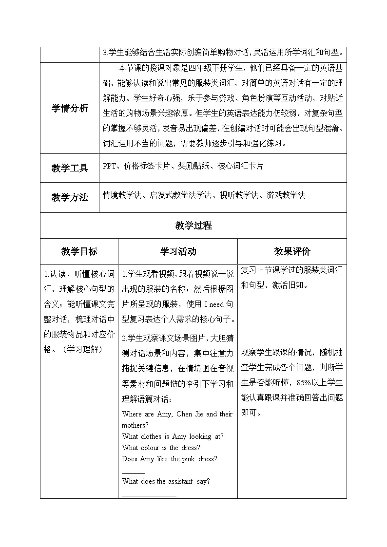 Unit 4 Going shopping Part B Let’s talk (表格式教学设计)人教PEP版四年级英语下册第3页