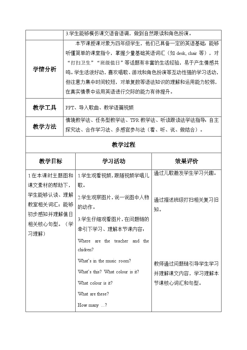 Unit 1 Class rules Part B Let’s learn&Listen and do (表格式教学设计)人教PEP版四年级英语下册第3页