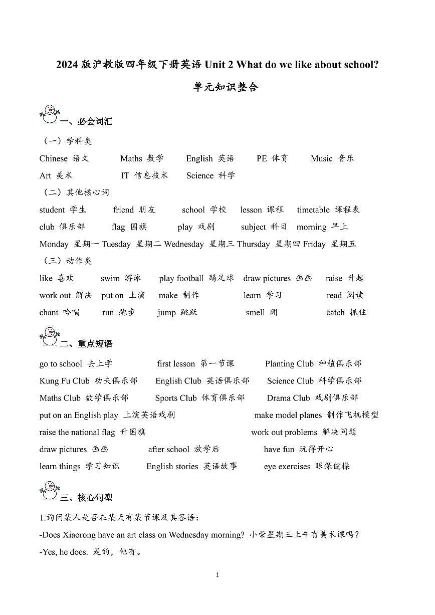 2024版沪教版四年级下册英语Unit 2 What do we like about school导学案含答案第1页