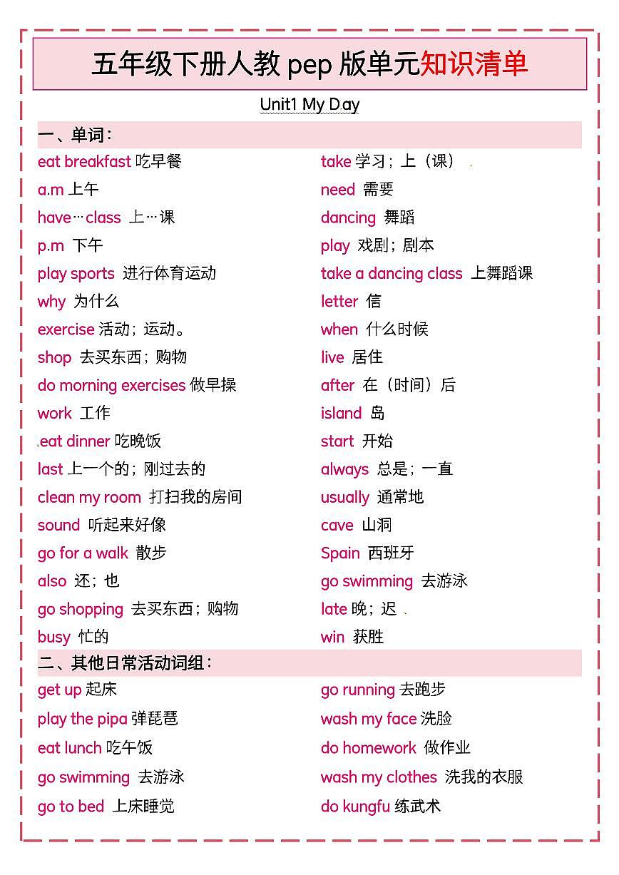 人教版PEP五年级英语下册【单元知识清单】学案第1页
