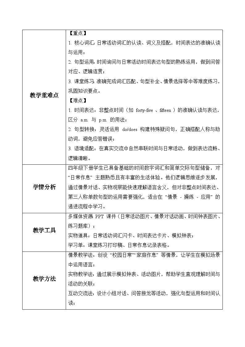 Unit 3 第1课时Experience & Understand(表格式教学设计)人教大同版四年级英语下册第2页
