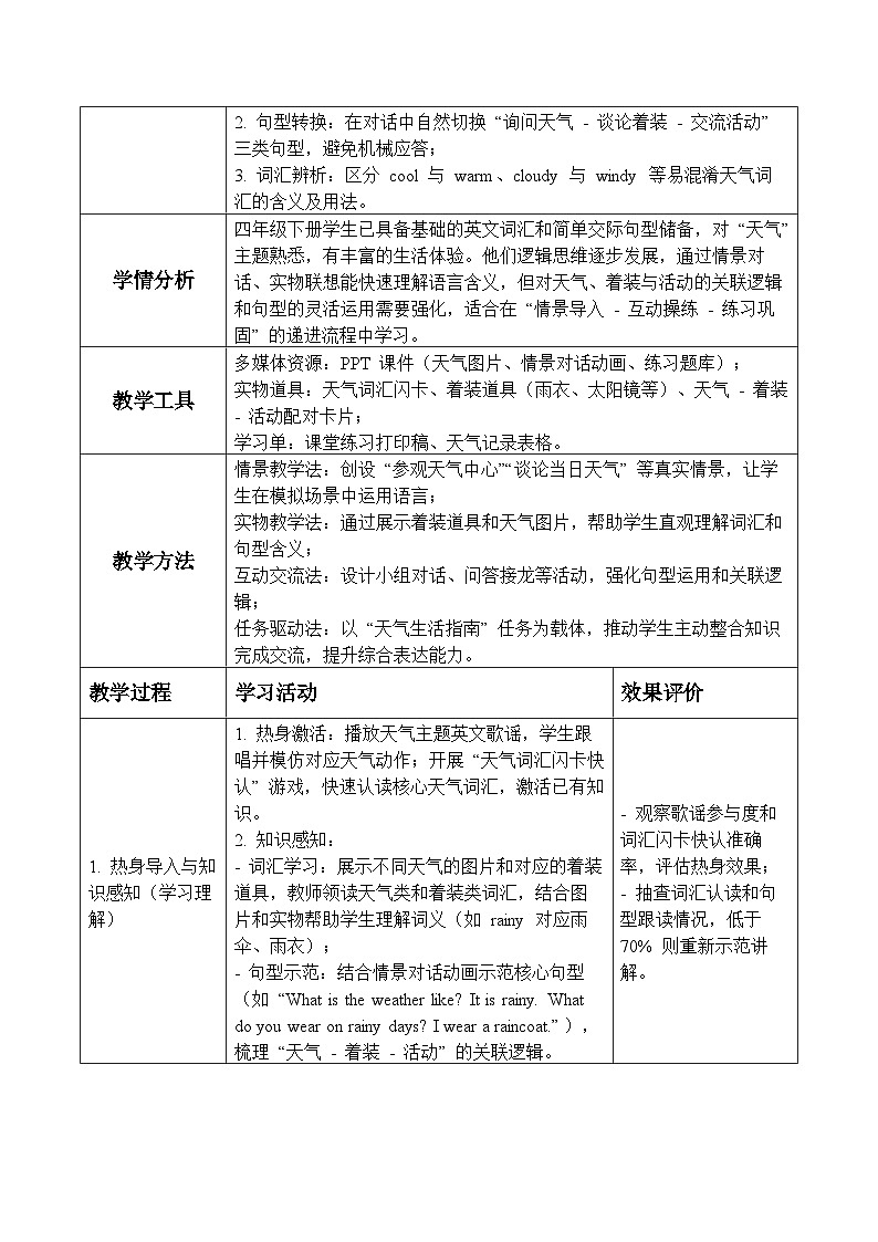 Unit 1 第1课时Experience & Understand(表格式教学设计)人教大同版四年级英语下册第2页