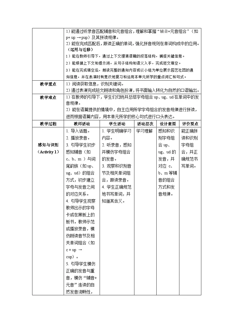 重大版四年级英语下册 Unit 2 A School Day-Phonics表格式教学设计第2页