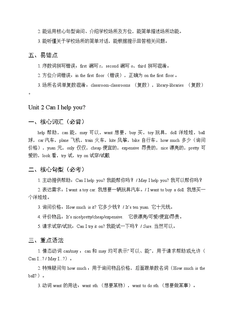2026春人教精通版小学英语五年级下册(全册)各单元知识点复习要点梳理第2页