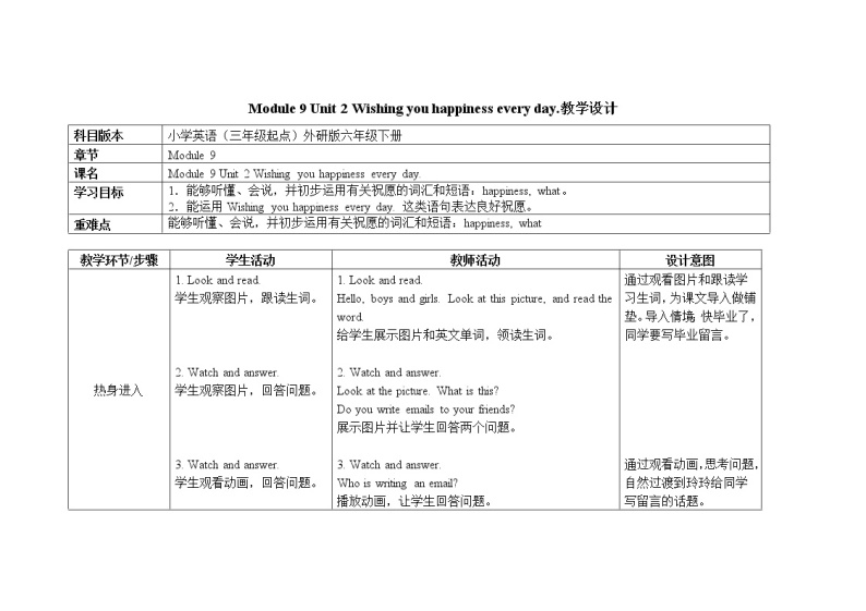 六年级下册英语教案Module 9 Unit 2 Wishing you happiness every day外研社（三起）01