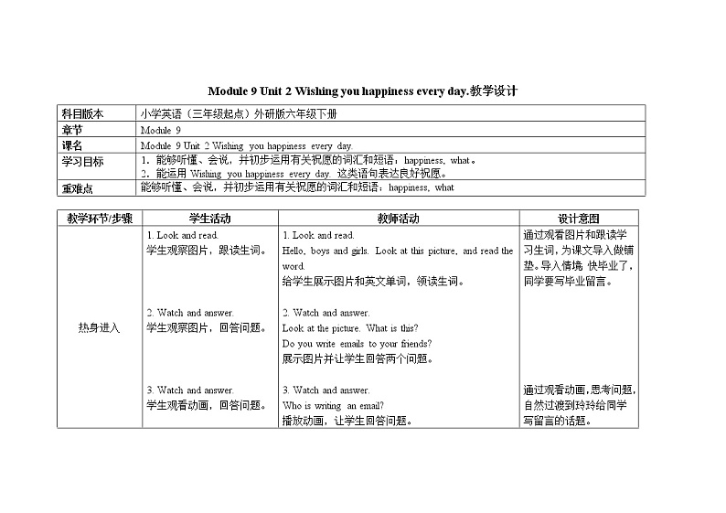 六年级下册英语教案Module 9 Unit 2 Wishing you happiness every day外研社(三起)01