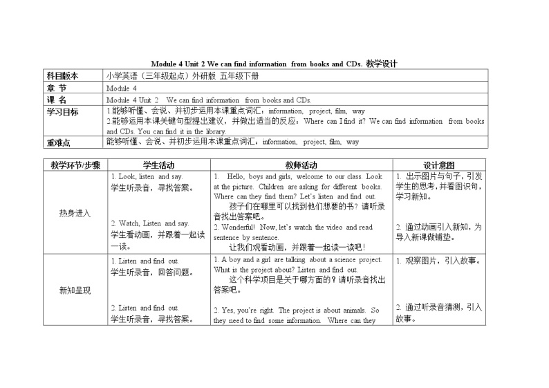五年级下册英语教案Module 4 Unit 2 We can find information from books and CDs外研社（三起）01