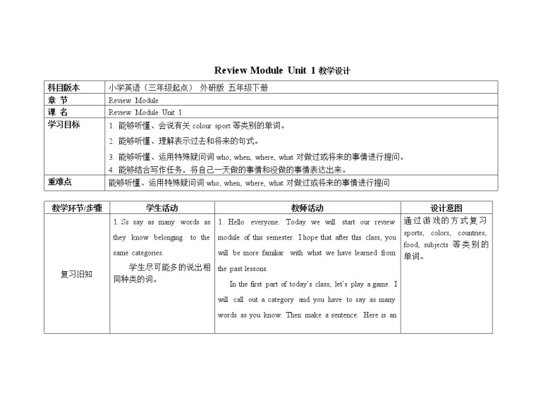 五年级下册英语教案Review Module Unit 1外研社（三起）01