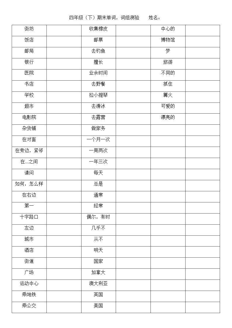 人教版（新起点）四年级下册英语百词测验01