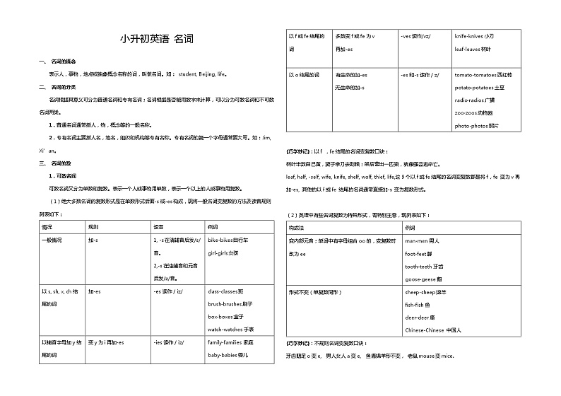 六年级小升初英语语法专项复习教案---名词第1页