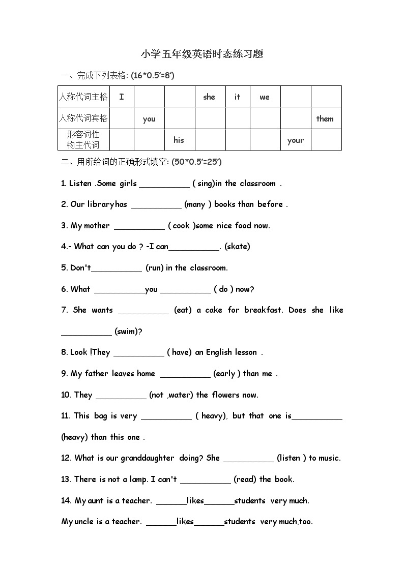 译林英语五年级下册5B练习题(重点一般现在时和现在进行时)01
