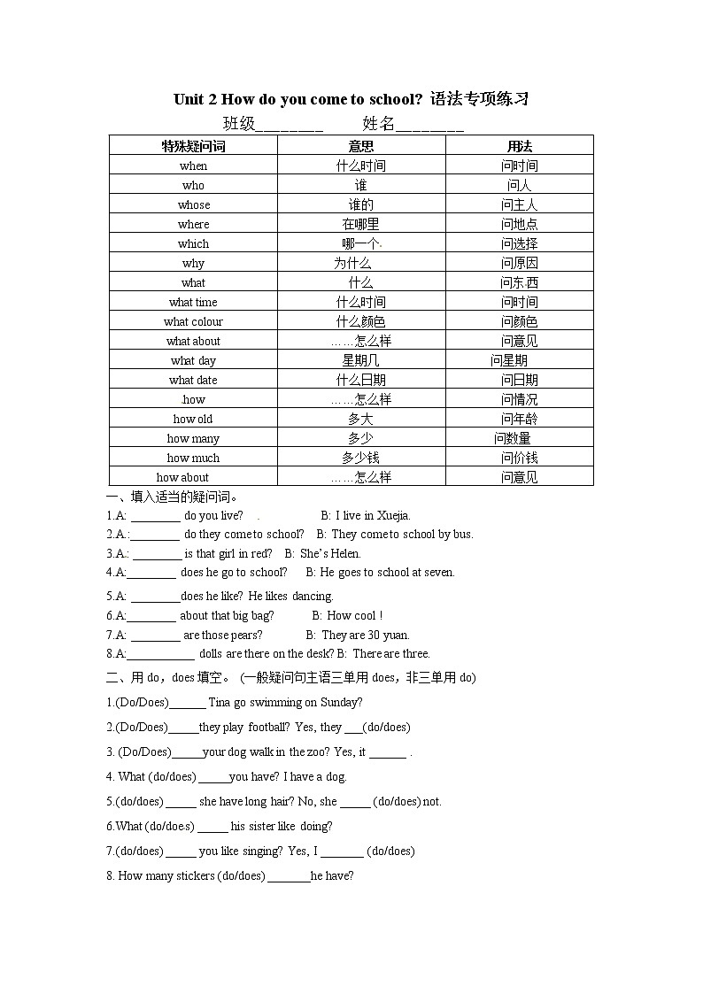 譯林英語(yǔ)5下語(yǔ)法專項(xiàng)試題-Unit2  How do you come to school譯林版（三起）第1頁(yè)