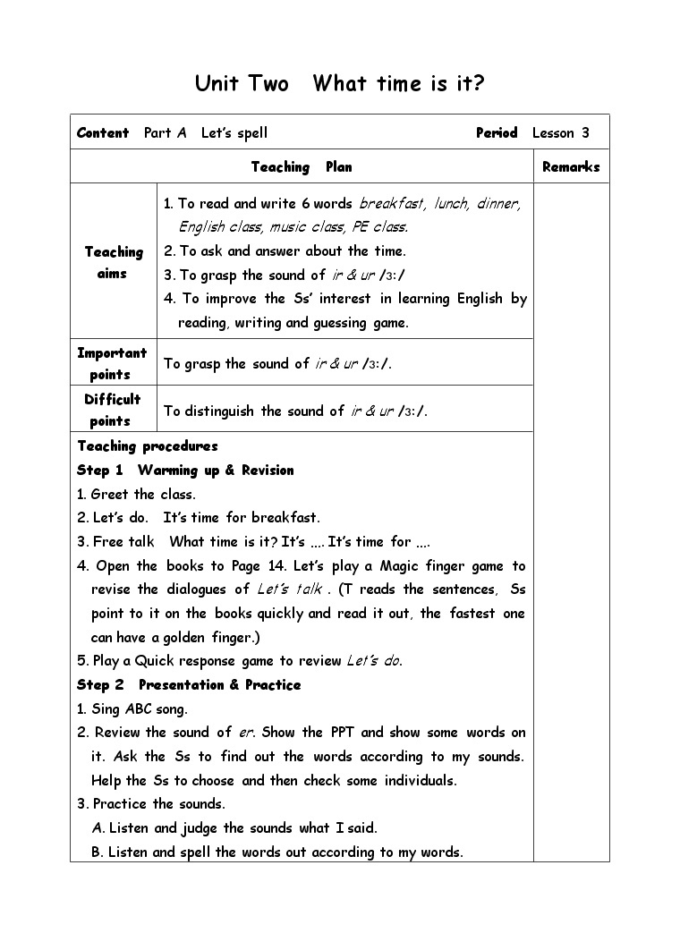 四年级下册英语教案-Unit 2 What time is it-3Part A  Let’s spell人教(PEP)(2014秋)01