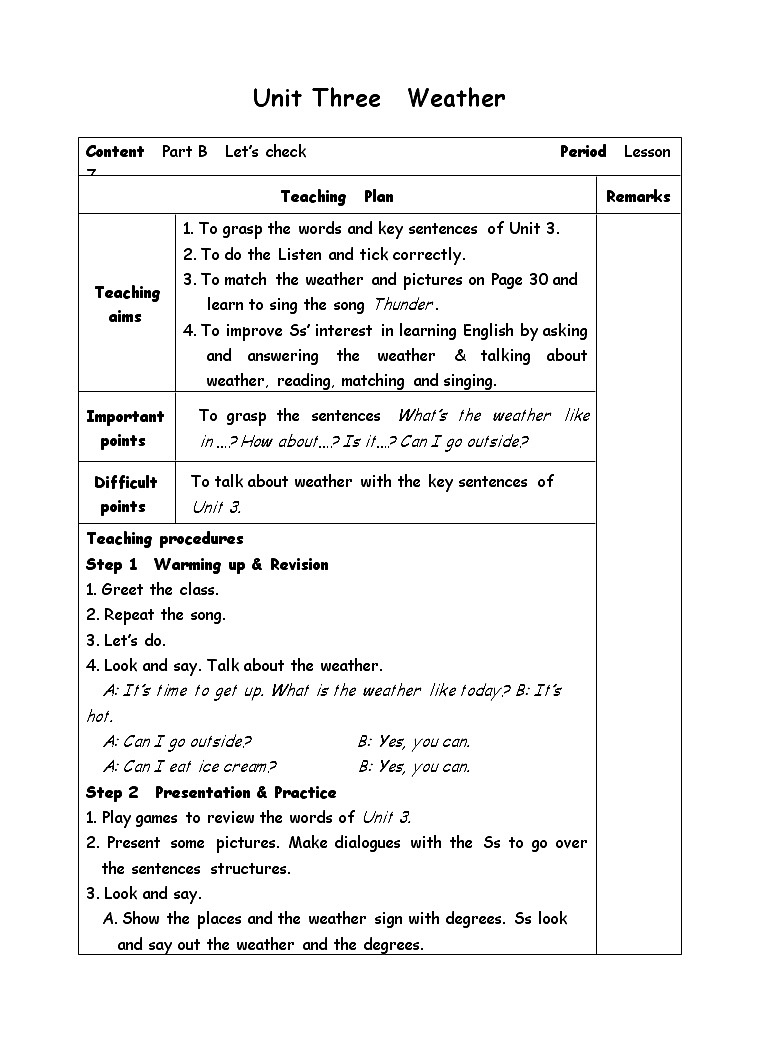 四年级下册英语教案-Unit 3 Weather-7Part B Let’s check人教(PEP)(2014秋)01
