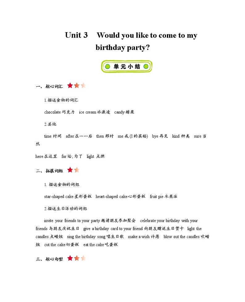 Unit 3 Would you like to come to my birthday party 知识清单01