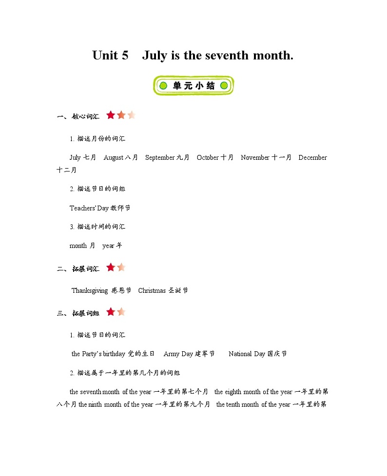Unit 5 July is the seventh month 知识清单01