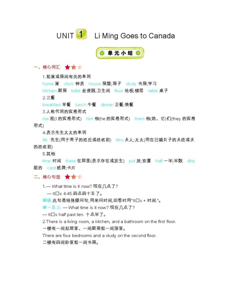 Unit 1 Li Ming Goes to Canada  知识清单01