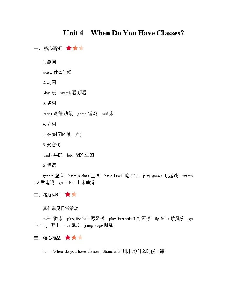 陕旅四上 Unit 4  When Do You Have Classes  知识清单01