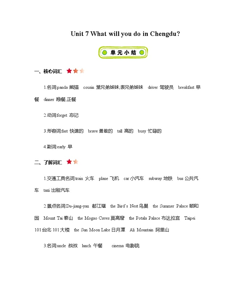 Unit 7 What will you do in Chengdu? 知识清单01