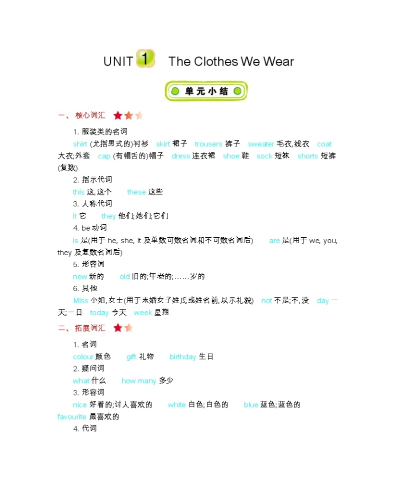 冀教版四上 Unit 1 The Clothes We Wear 知识清单01