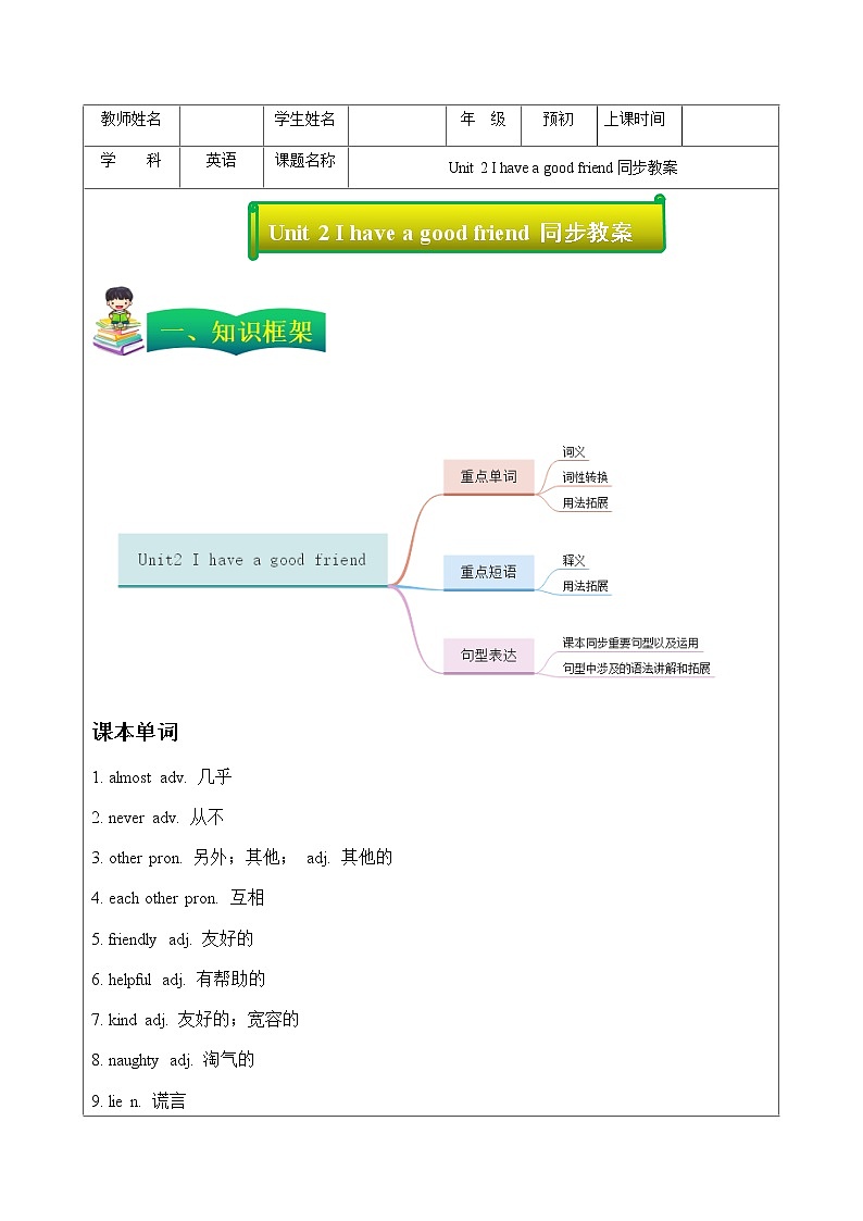 牛津上海版六年级上册英语 Unit 2 I have a good friend 教案01