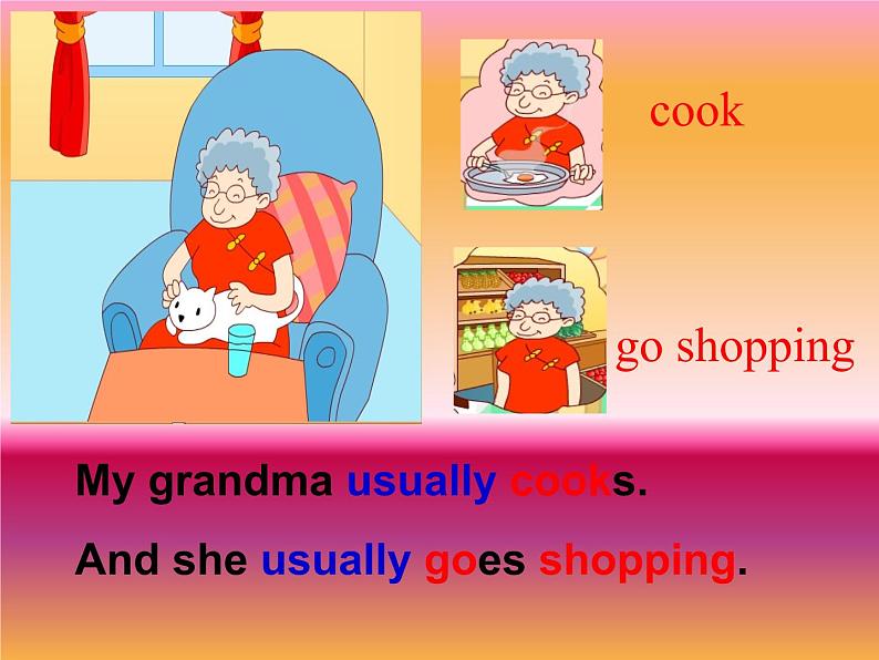 二年级下册英语课件- Module 6 Unit 2 My grandma usually cooks. 外研社(一起)第5页