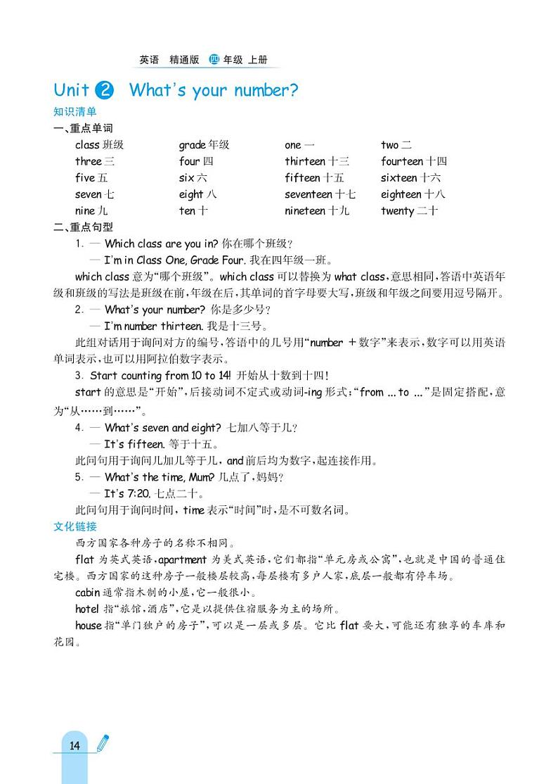 人教精通版英语四年级上册 Unit 2 What's your number? 同步练习01