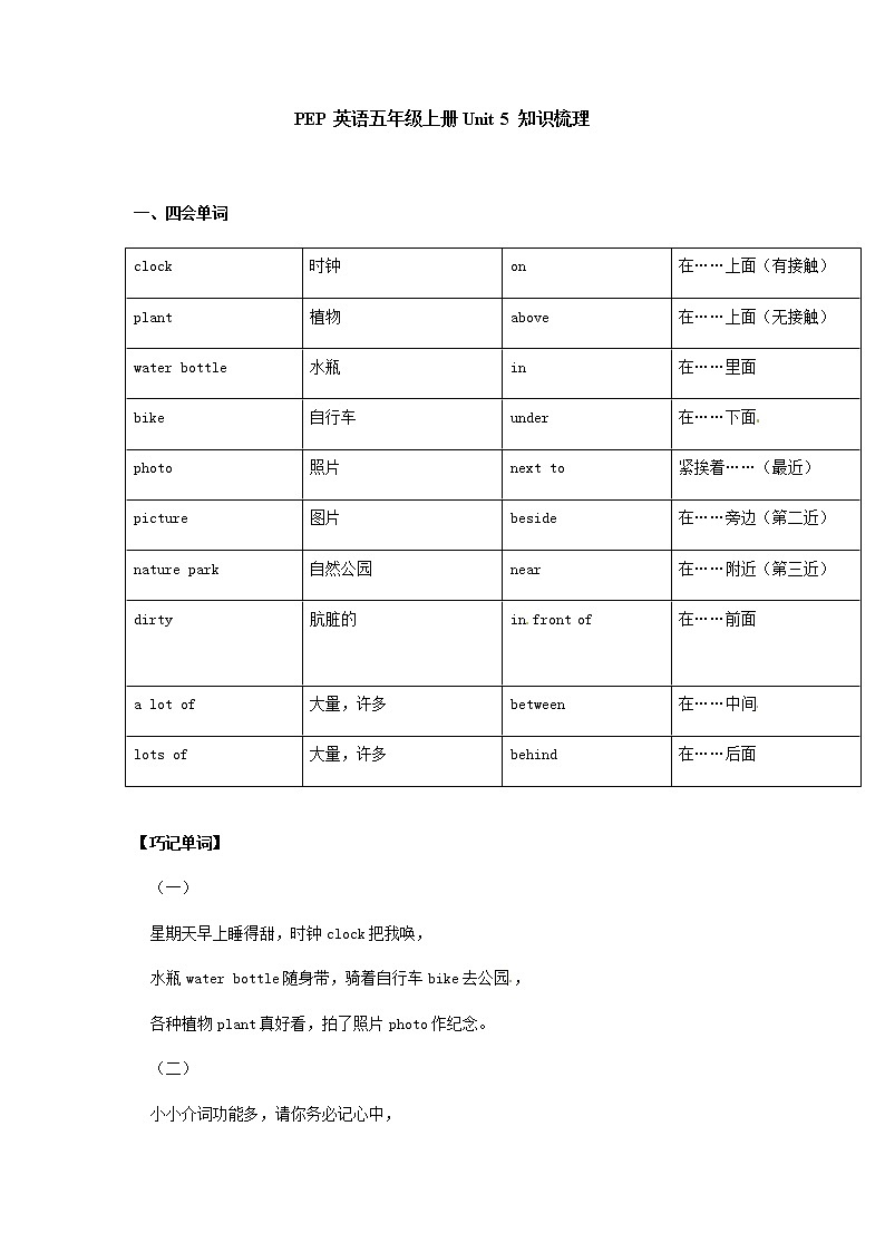 人教pep小学英语五年级上册 Unit 5 There is a big bed 知识点总结复习学案01
