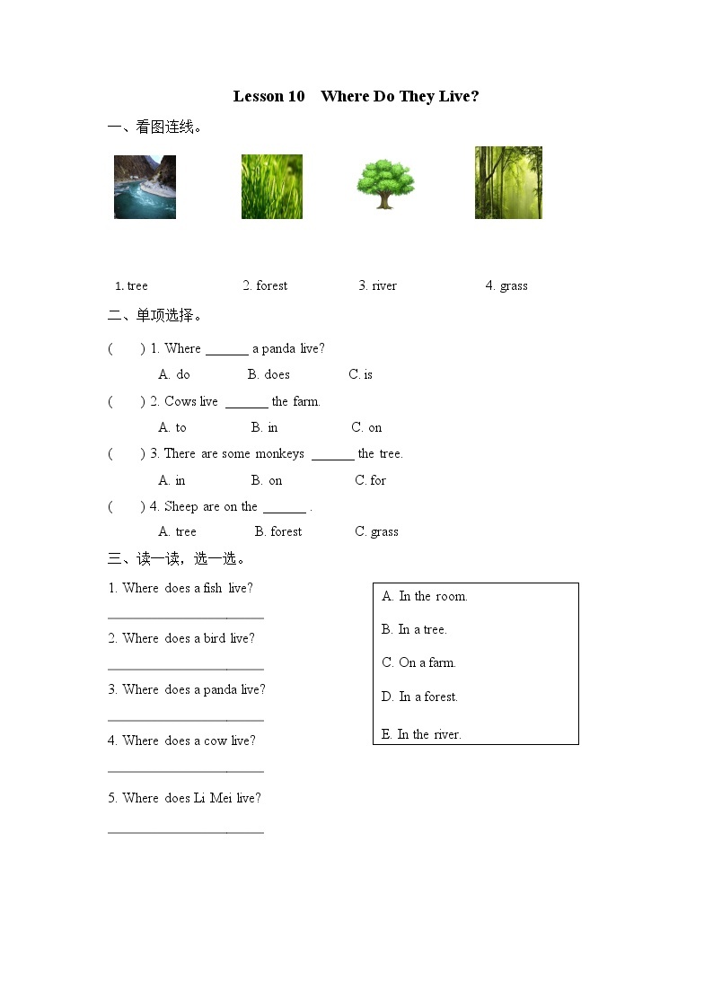 Unit 2 Lesson 10 Where Do They Live  课时练（含答案）01