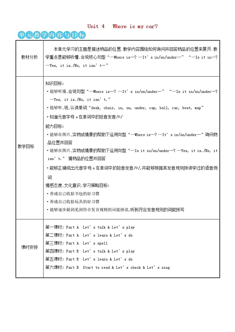 【精品】人教PEP 三年级英语下册Unit4WhereismycarThefirstperiod第一课时教案01