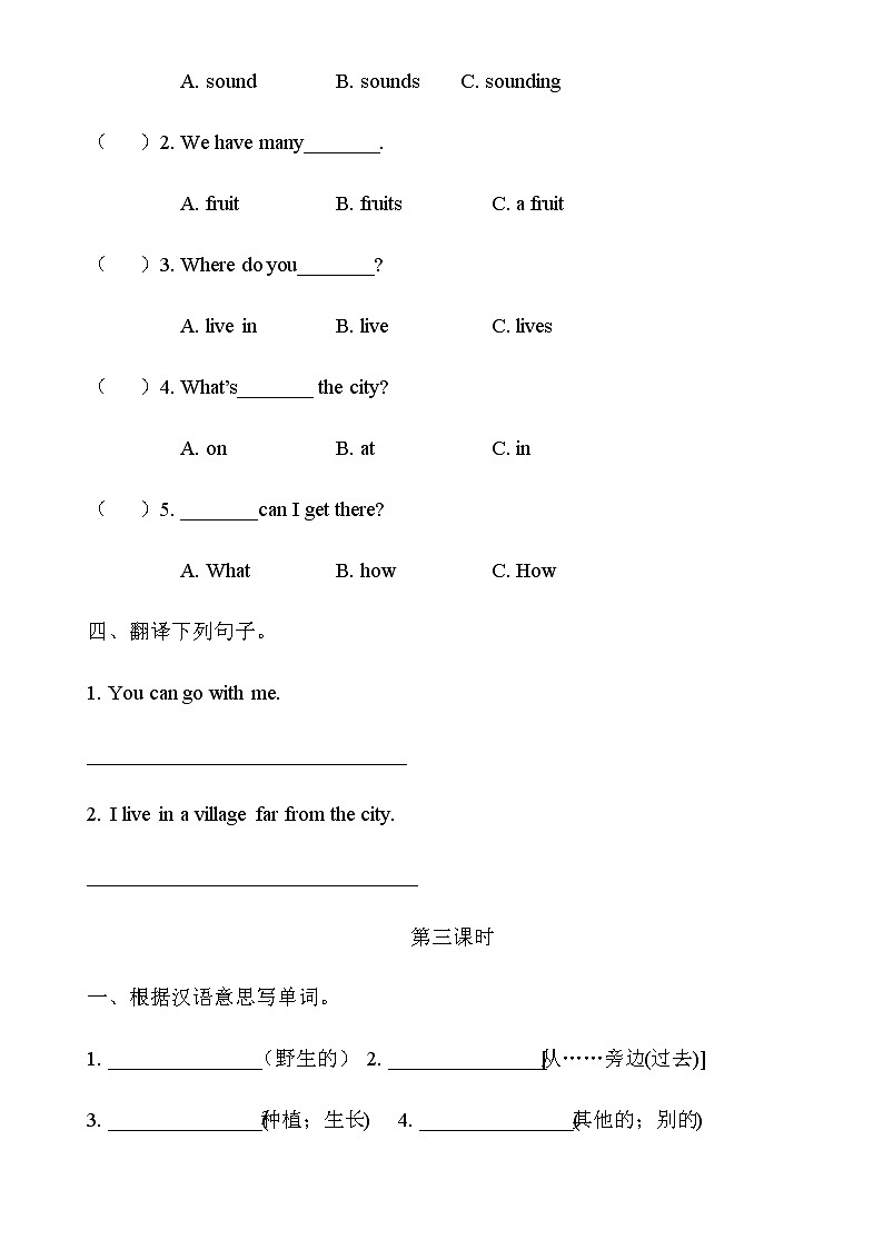 陕旅版五年级英语下册Unit4 He Lives in a Village课时练习共4课时(无答案)03