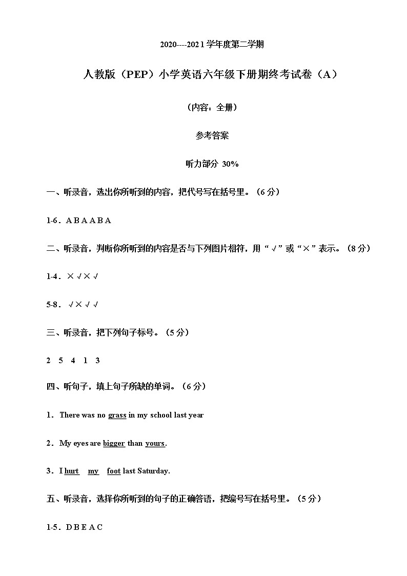 人教版(PEP)小学英语六年级下册期终考试卷(A)(含听力书面材料+音频+答案)01