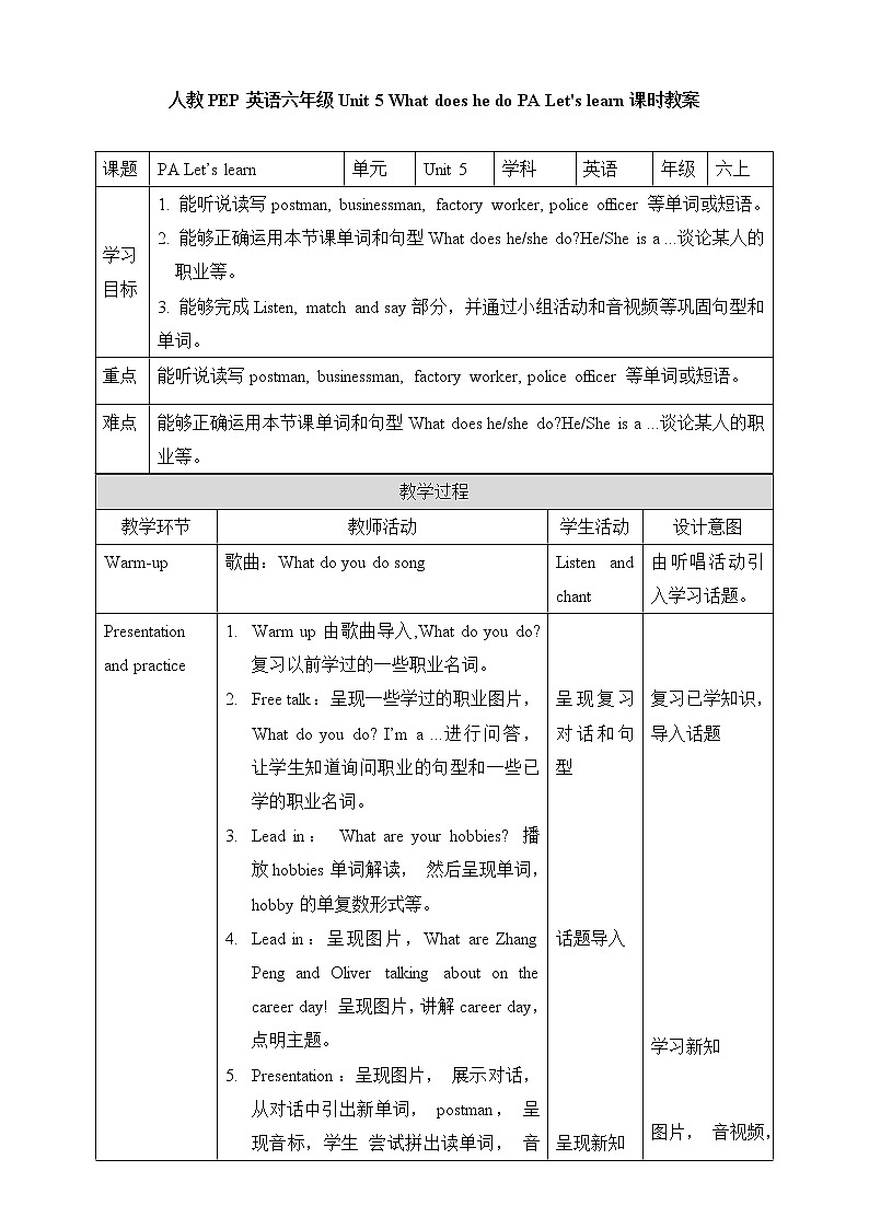 Unit 5 What does he do PA Let 's learn 教案第1页