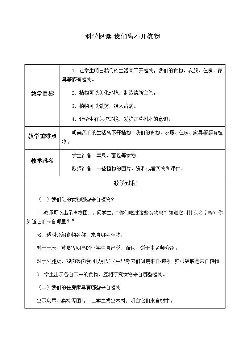 教科版(2017秋)一年级上册科学阅读-我们离不开植物_教案第1页