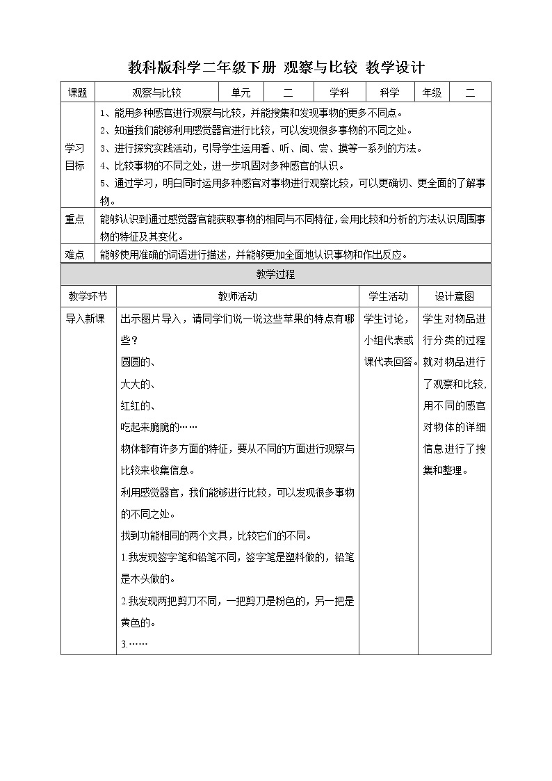 教科版科学二下2.3《观察与比较》教案01