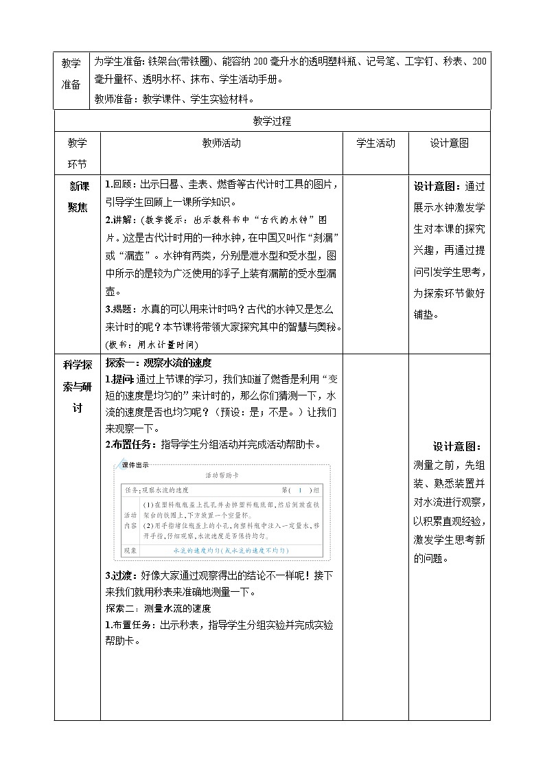 教科版五年级科学上册3.2 用水计量时间教学设计 教学设计(表格式)02