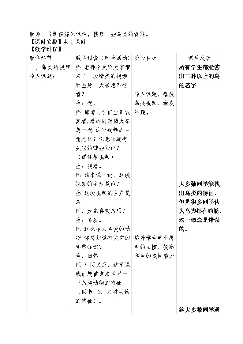 冀教版六年级上册科学3.鸟类动物的特征  教案02