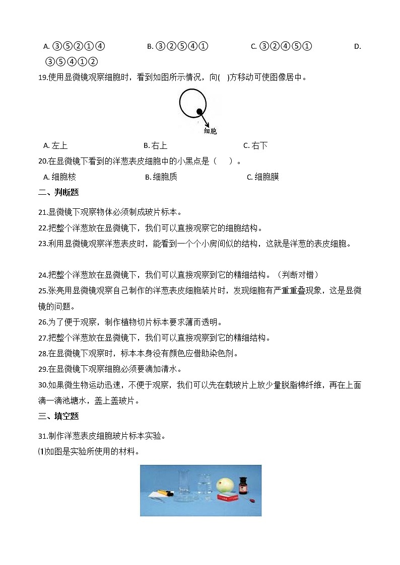 教科版 科学 六年级上册 1.4 观察洋葱表皮细胞 同步练习第3页