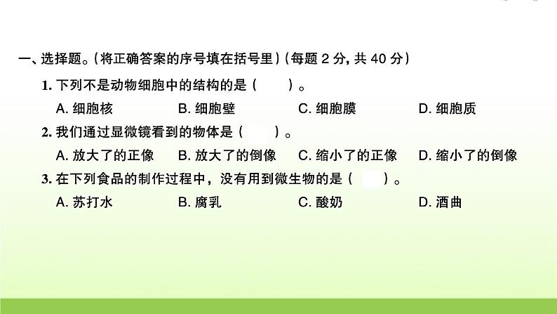 教科版 六年级科学上册第一单元微小世界检测卷 作业课件第2页