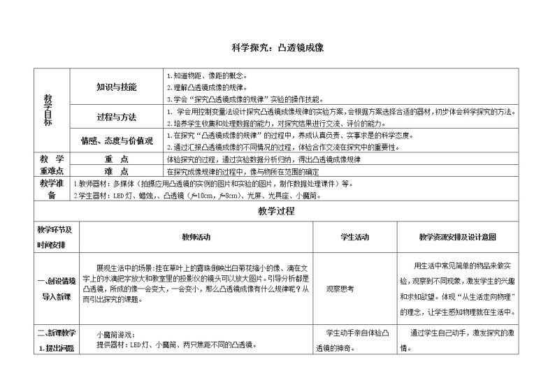 人教版小学科学四年级下册1.3凸透镜成像教案01