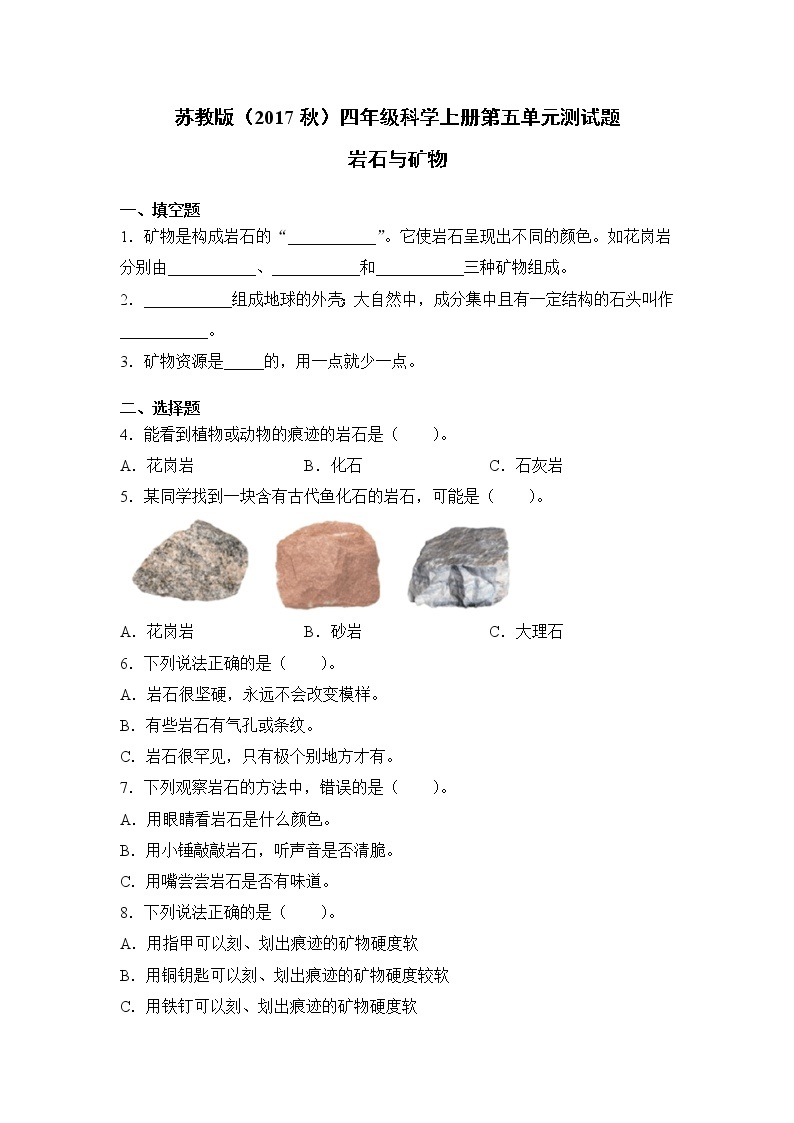 苏教版（2017秋）四年级科学上册第五单元岩石与矿物测试题（含答案）01
