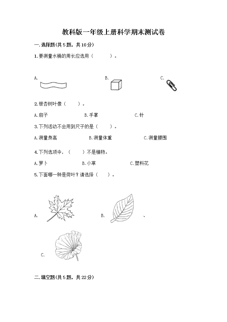 教科版一年级上册科学期末测试卷 (10)