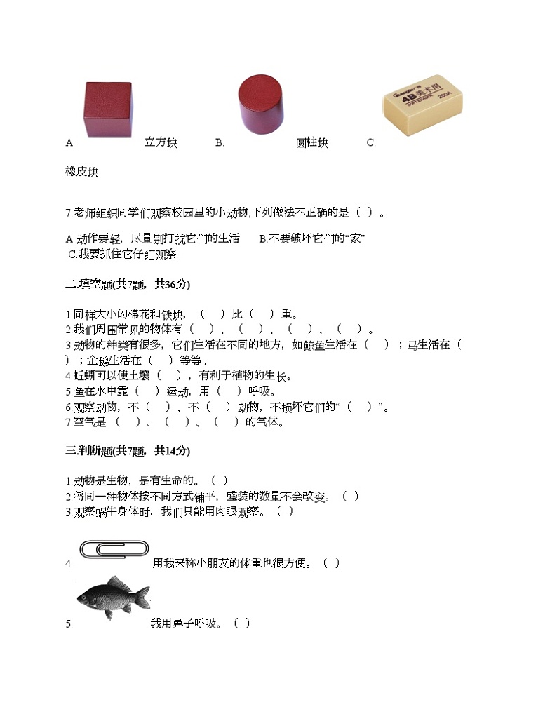 教科版一年级下册科学期末测试卷及答案202