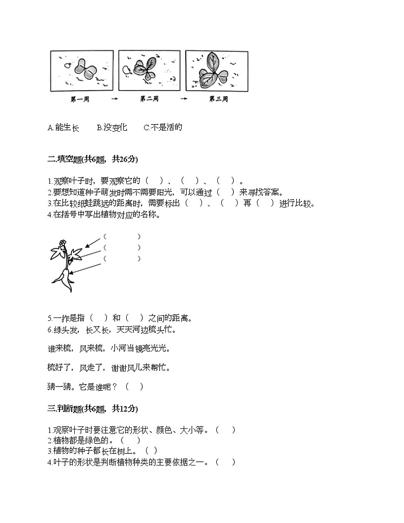教科版一年级上册科学期末测试卷含下载答案第2页