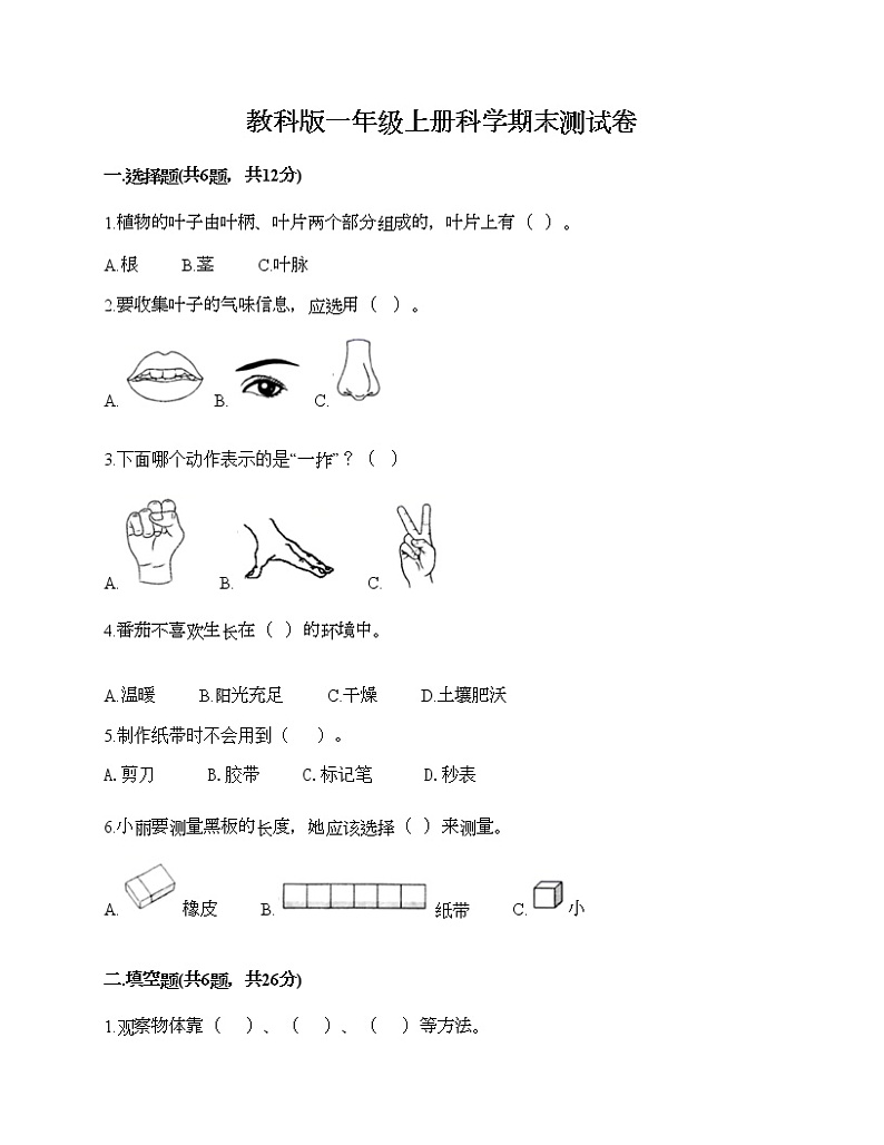 教科版一年级上册科学期末测试卷附答案(B卷)01