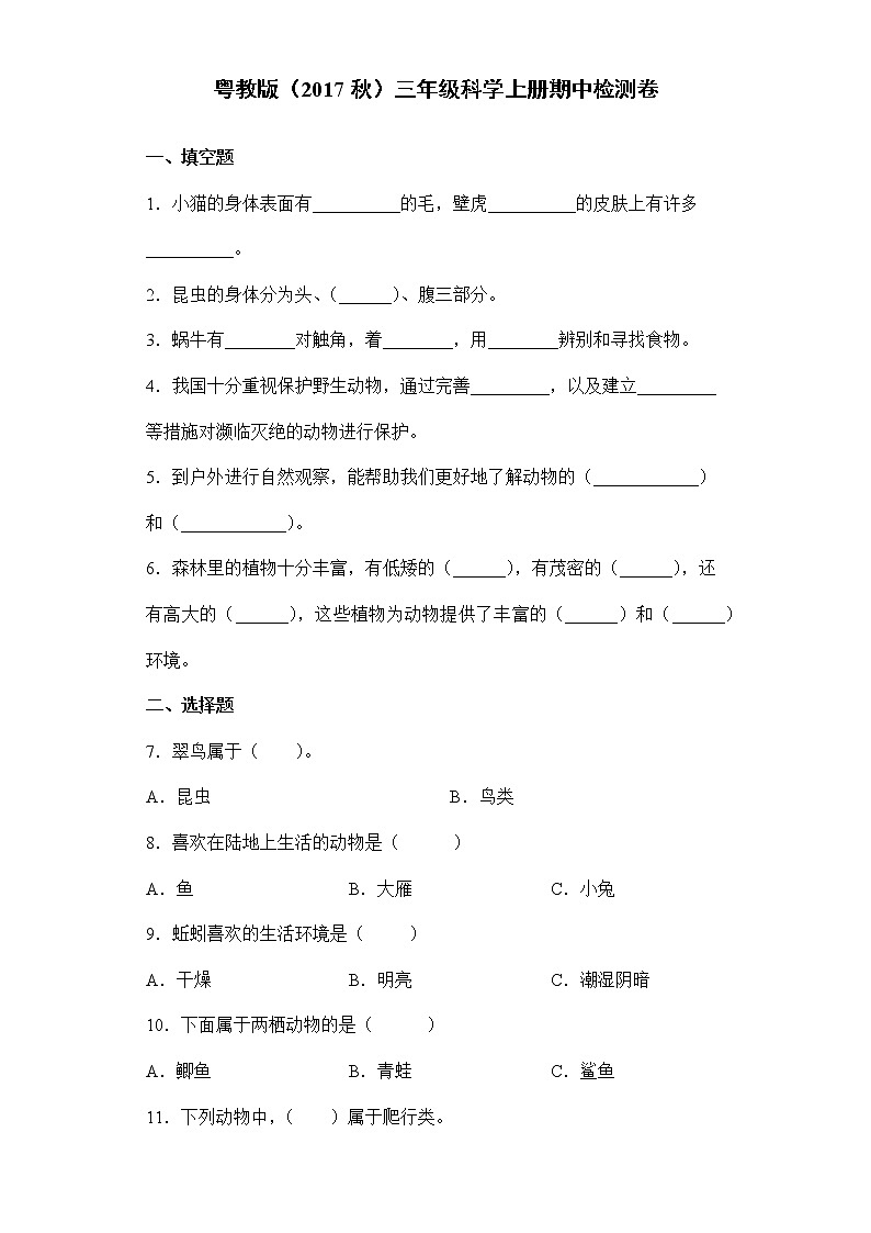 粤教版三年级科学上册期中检测题(含答案)第1页