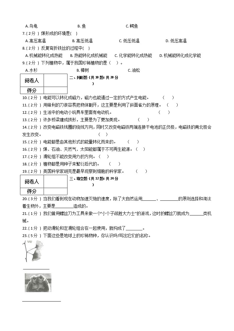 2021—2022教科版六年级科学上册期末测试(1)第2页