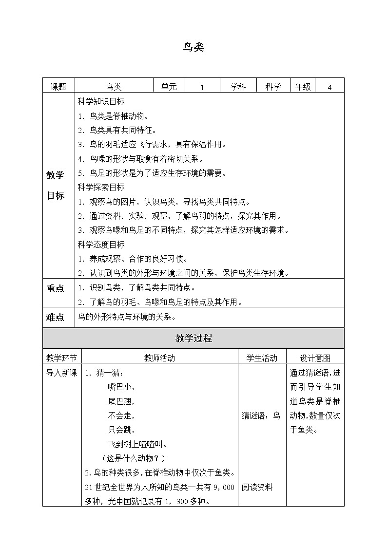 苏教版(2017秋)四年级上册科学 3 鸟类(教案)01